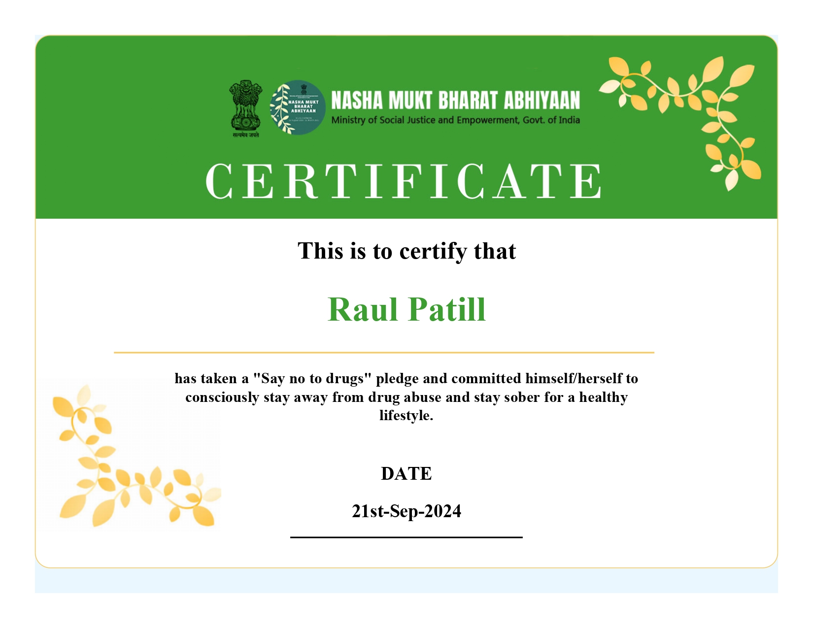 Say No to Drugs Certificate